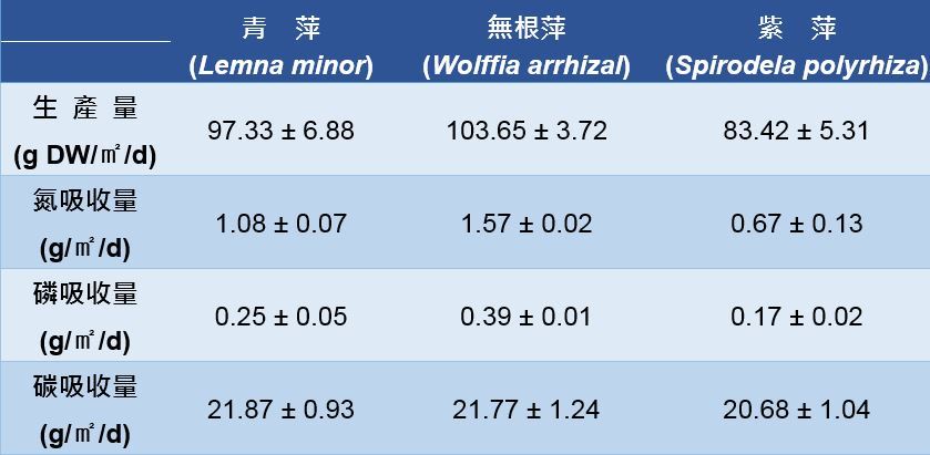 表1、不同品種浮萍每日單位面積生產量與吸收量.JPG
