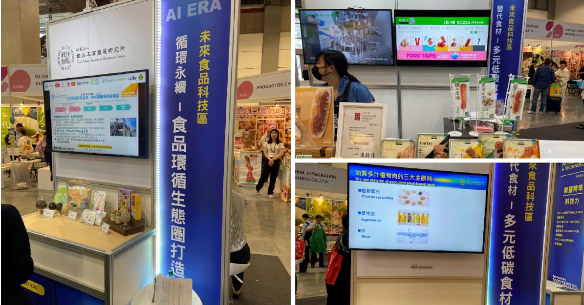 圖3、未來食品科技區。左利用甜菜副產物進行循環永續; 右上植物蛋白相關產品; 右下 食品工業發展研究所展示的植物肉製程