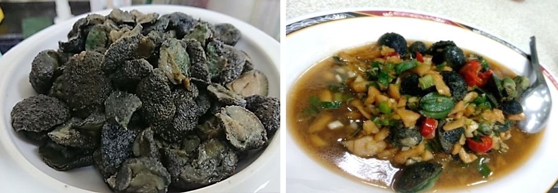 (左圖)去除表層黏液和內臟後的石磺，(右圖)餐桌上的石磺