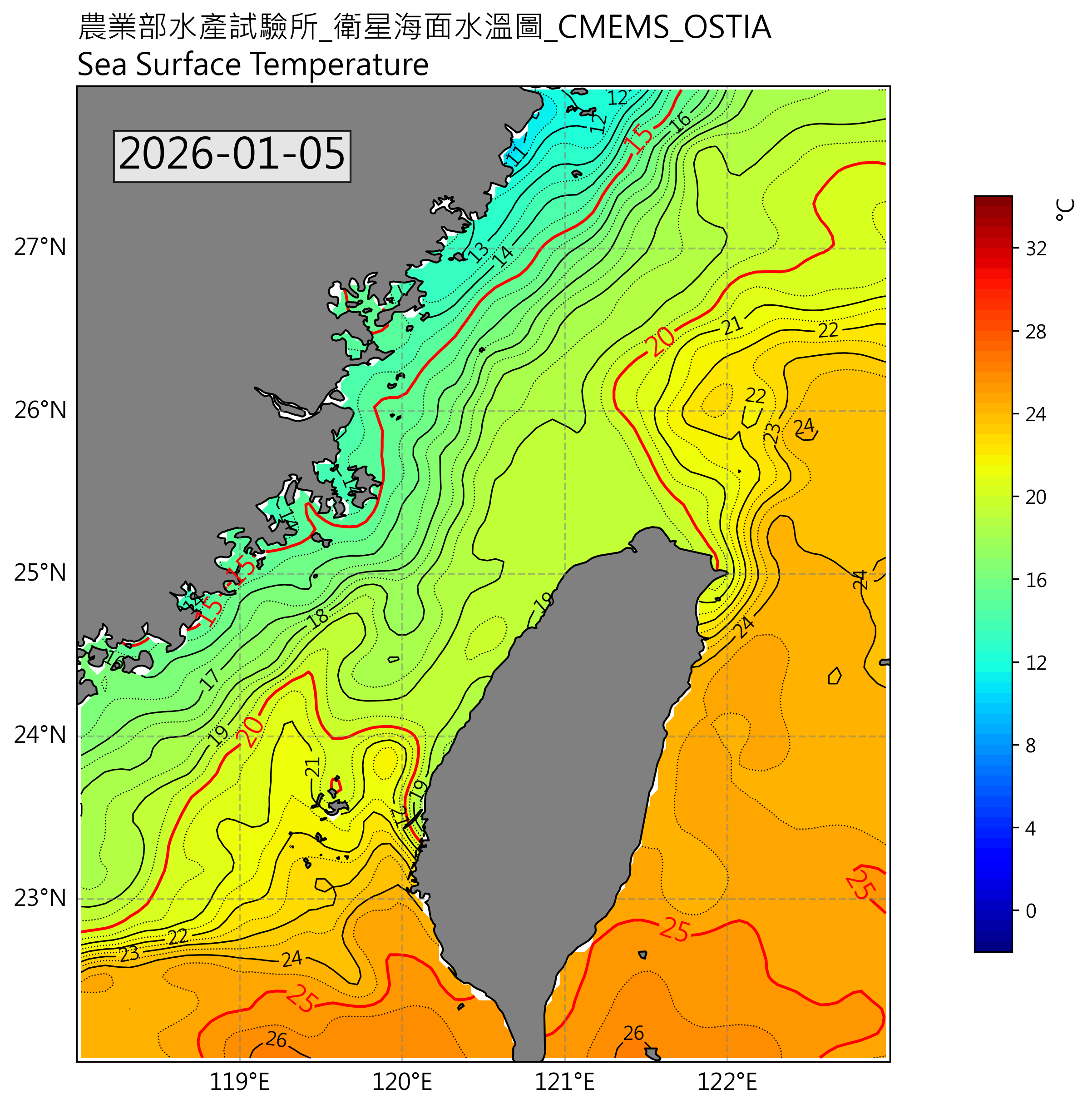 衛星水溫圖(歐洲)2026-01-05