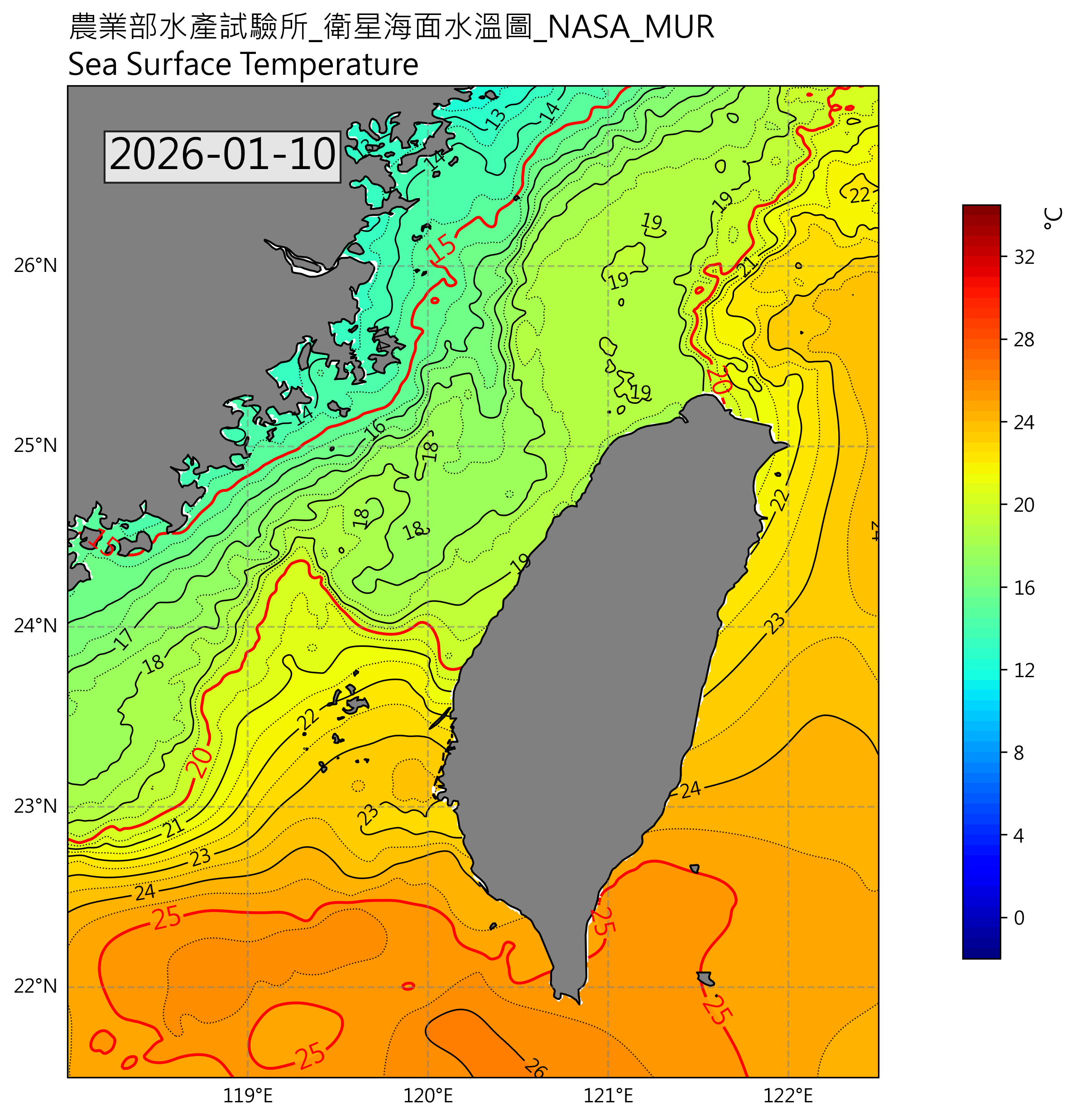 衛星水溫圖(美國)2026-01-10
