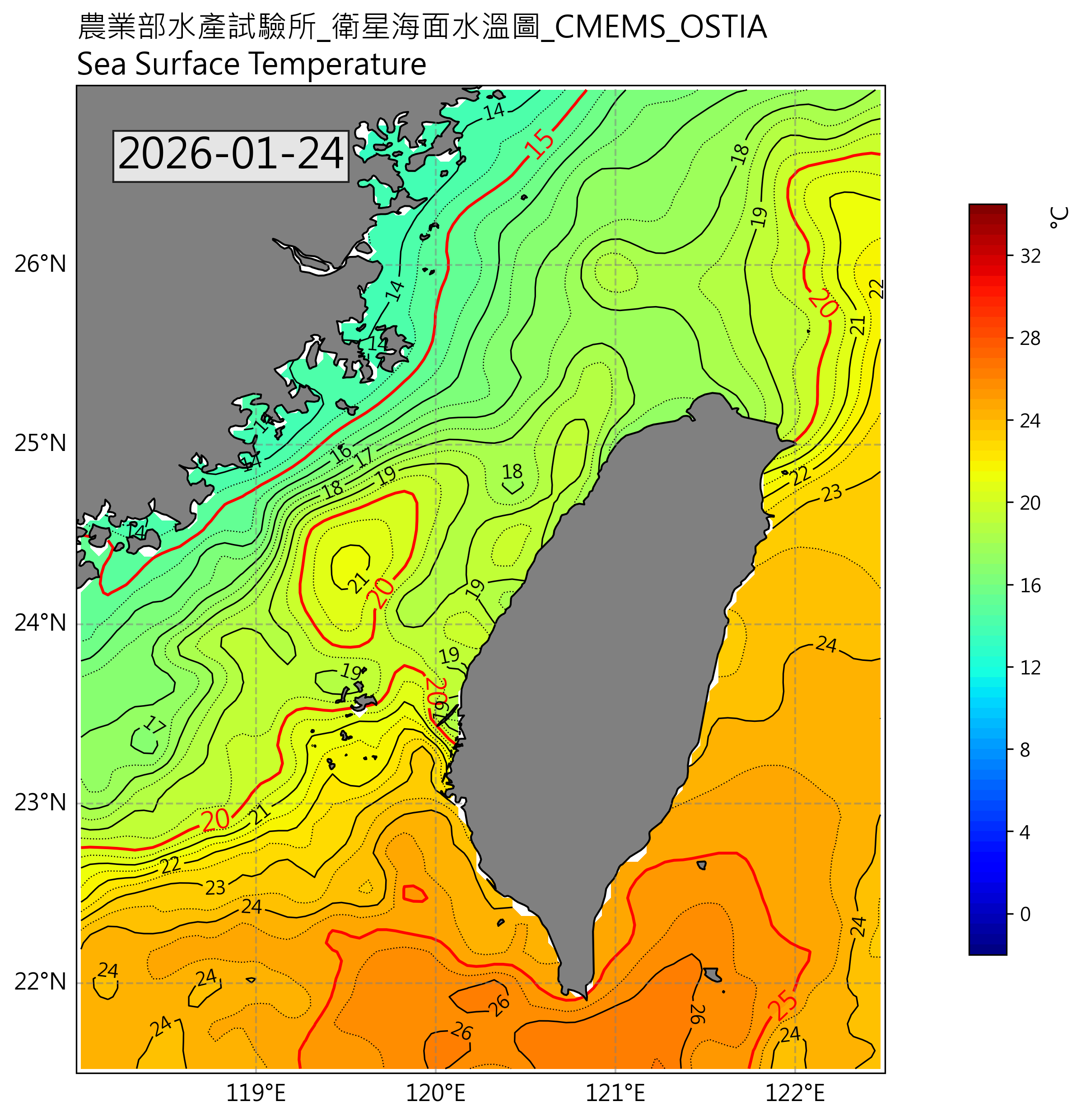 衛星水溫圖(歐洲)-2026-01-24