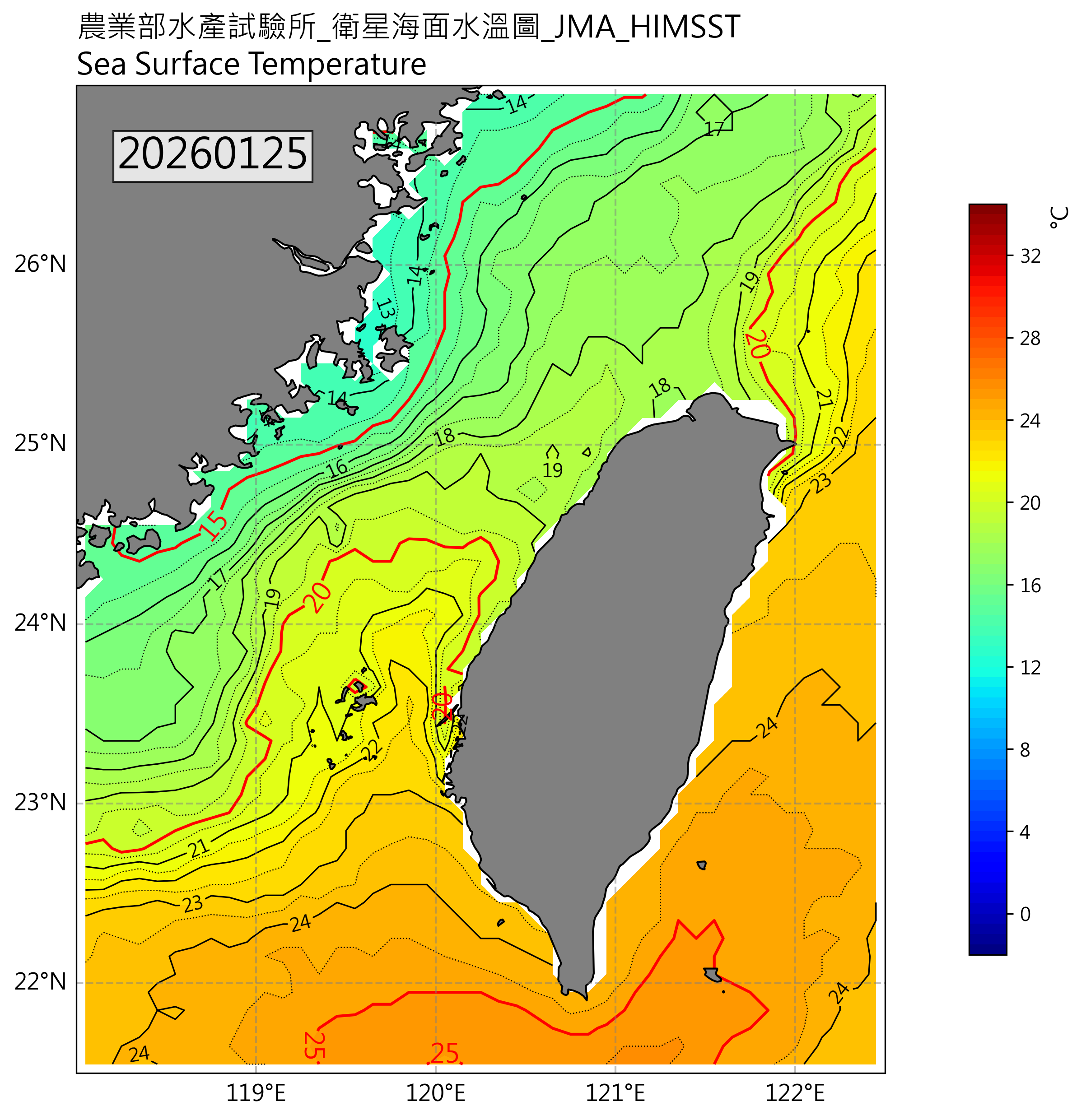衛星水溫圖(日本)-2026-01-25
