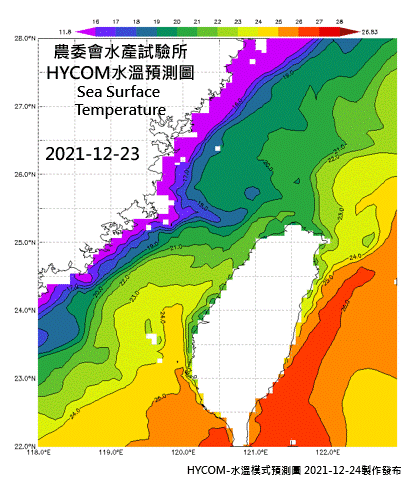 HYCOM-2021烏魚汛期-Z0-SST-水溫模式預測圖-(第六報)(6天)1223-1228