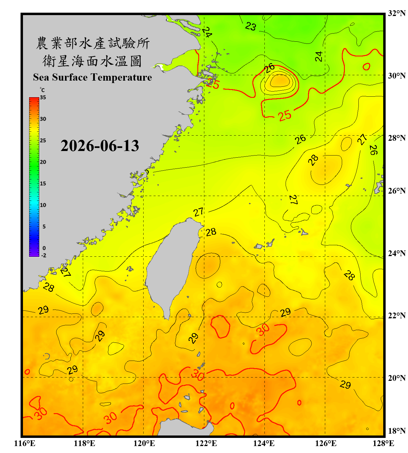 domain-taiwan_20260613090000-JPL-L4_GHRSST-SSTfnd-MUR-GLOB-v02.0-fv04.1.nc_contour