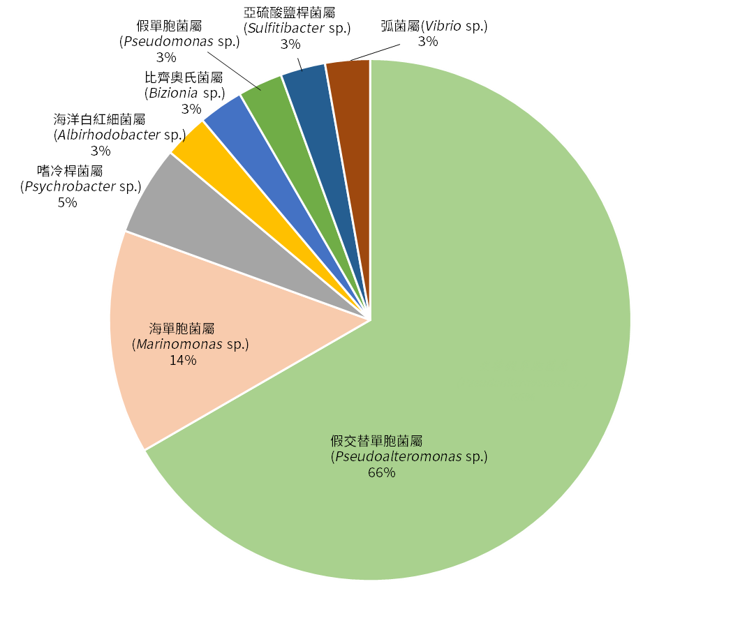 本次調查之金門野生文蛤腸道菌屬種類與所佔比例