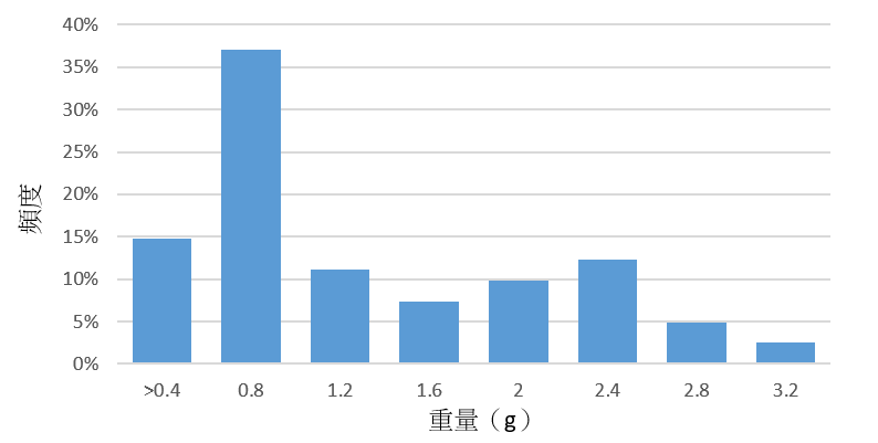 圖4、2022年11月於二崁高潮帶採獲之尖峰蛤體重分布
