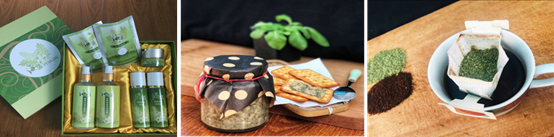 以長莖葡萄蕨藻為素材開發的多樣化產品（左起藻類保養品、綠藻堅果醬、藻安咖啡