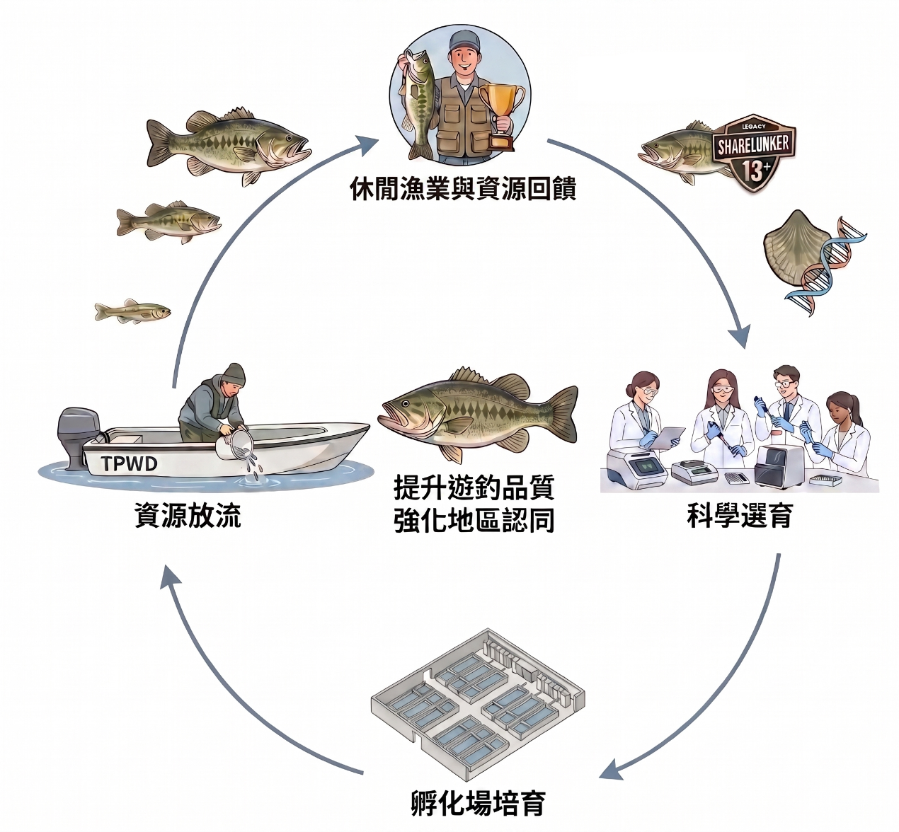 德州 ShareLunker 計畫整合性資源管理循環模式。本圖展示了計畫如何將休閒漁業活動（釣客提交大型大口鱸與樣本）轉化為科學選育與孵化培育的助力，最終透過資源放流，同時達成「提升遊釣品質」與「強化地區認同」的雙重目標