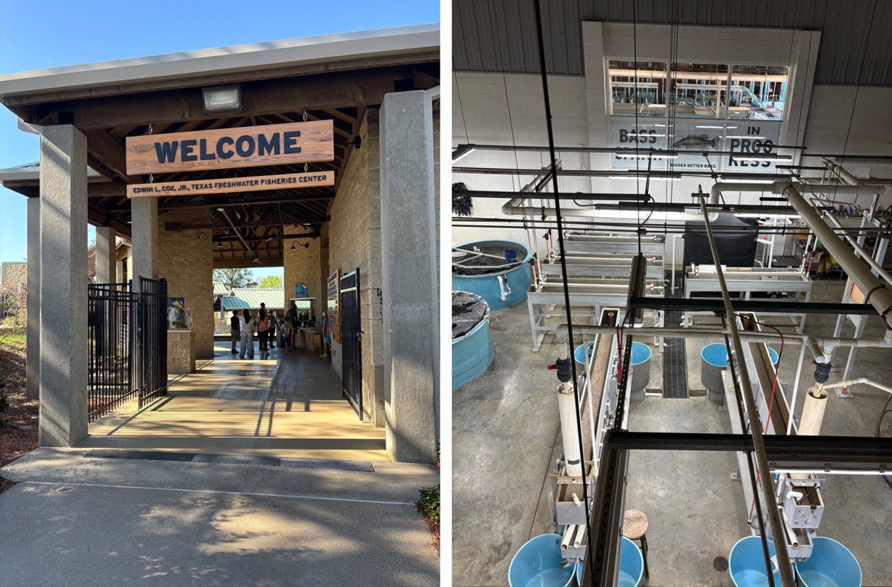 美國德州淡水漁業中心(Texas Freshwater Fisheries Center) (左) 中心入口;(右) 室內水生生物研究與培育設施