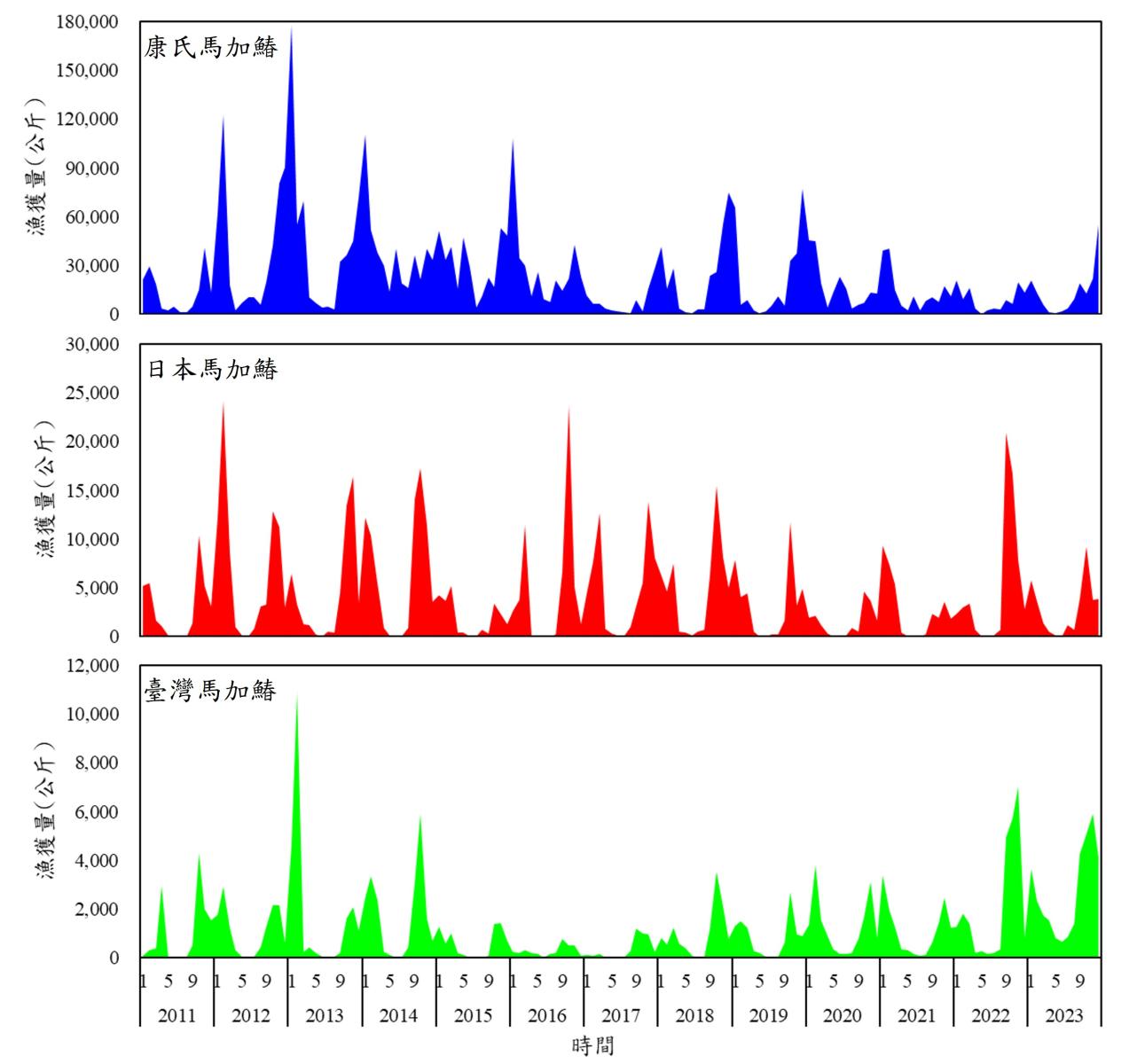 圖1 2011-2023年間三種土魠魚類(馬加鰆屬)漁獲量變動情形。