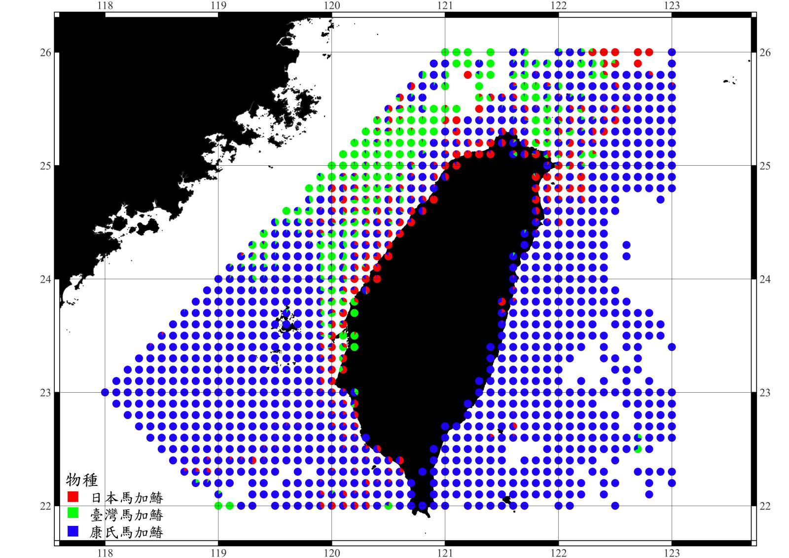 圖2 臺灣周邊海域主要漁獲的三種土魠魚類(馬加鰆屬)漁場。